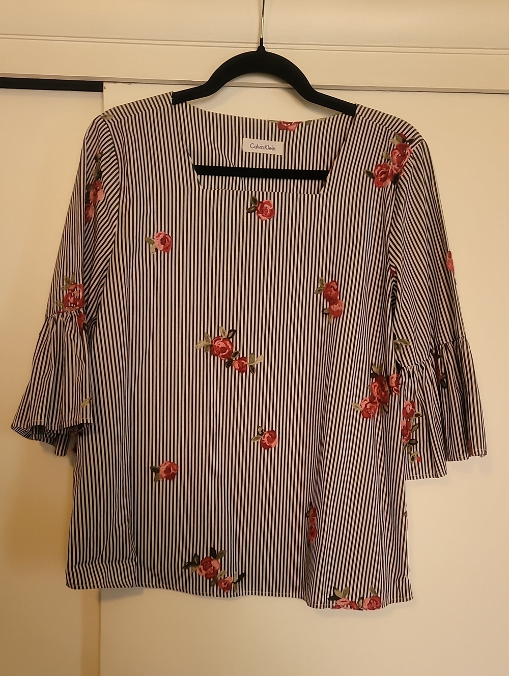 Calvin Klein Navy & White Striped Floral Bell-Sleeve Blouse